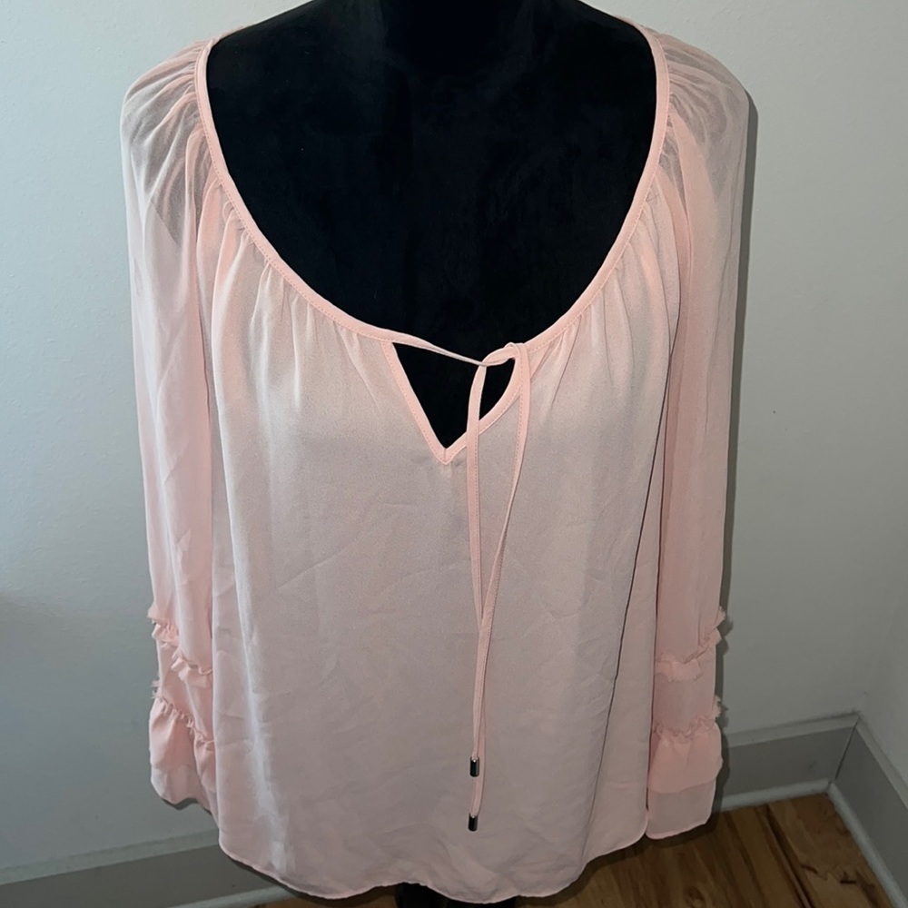 Marled Blush long bell sleeves semi sheer tied up front long blouse top Sz L new